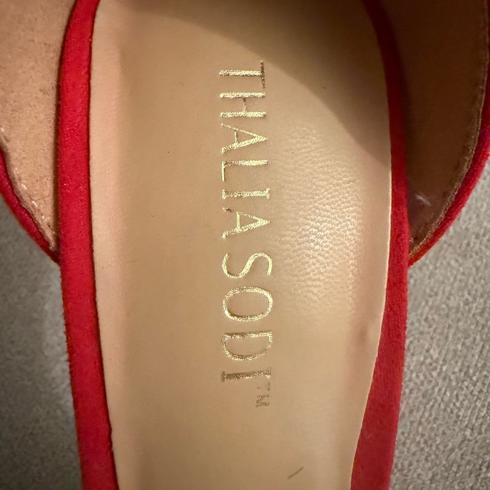 Thalia Sodi Red T-Strap Platform Stiletto Heels with Geometric Embellishments - Picture 8 of 9